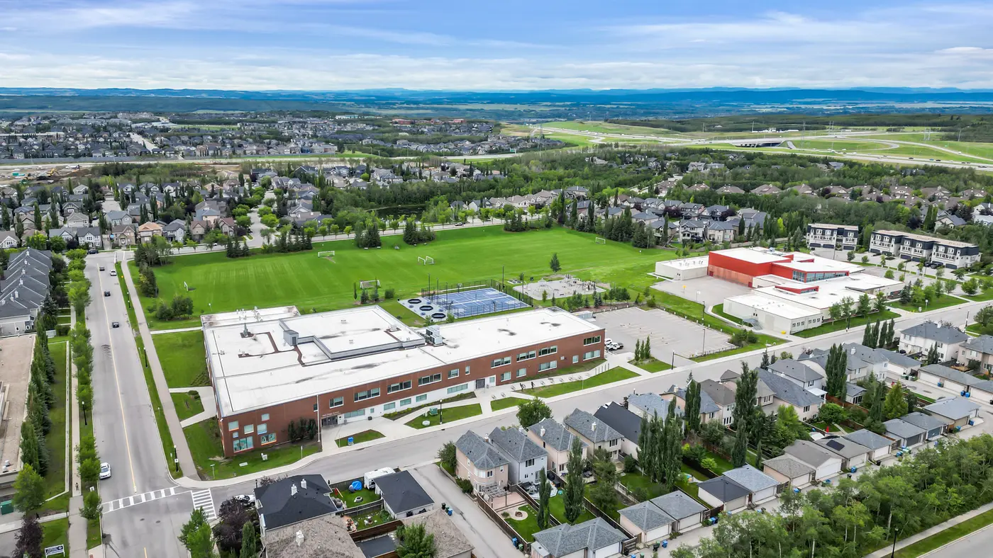The West Springs school campus and its playing fields from the air, a short walk from the house through the neighbourhood.