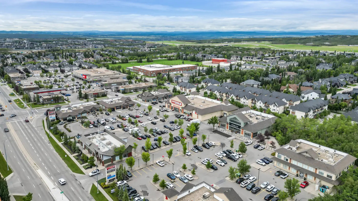 West Springs’ shopping village from the air — groceries, cafés, and daily errands all inside the neighbourhood.