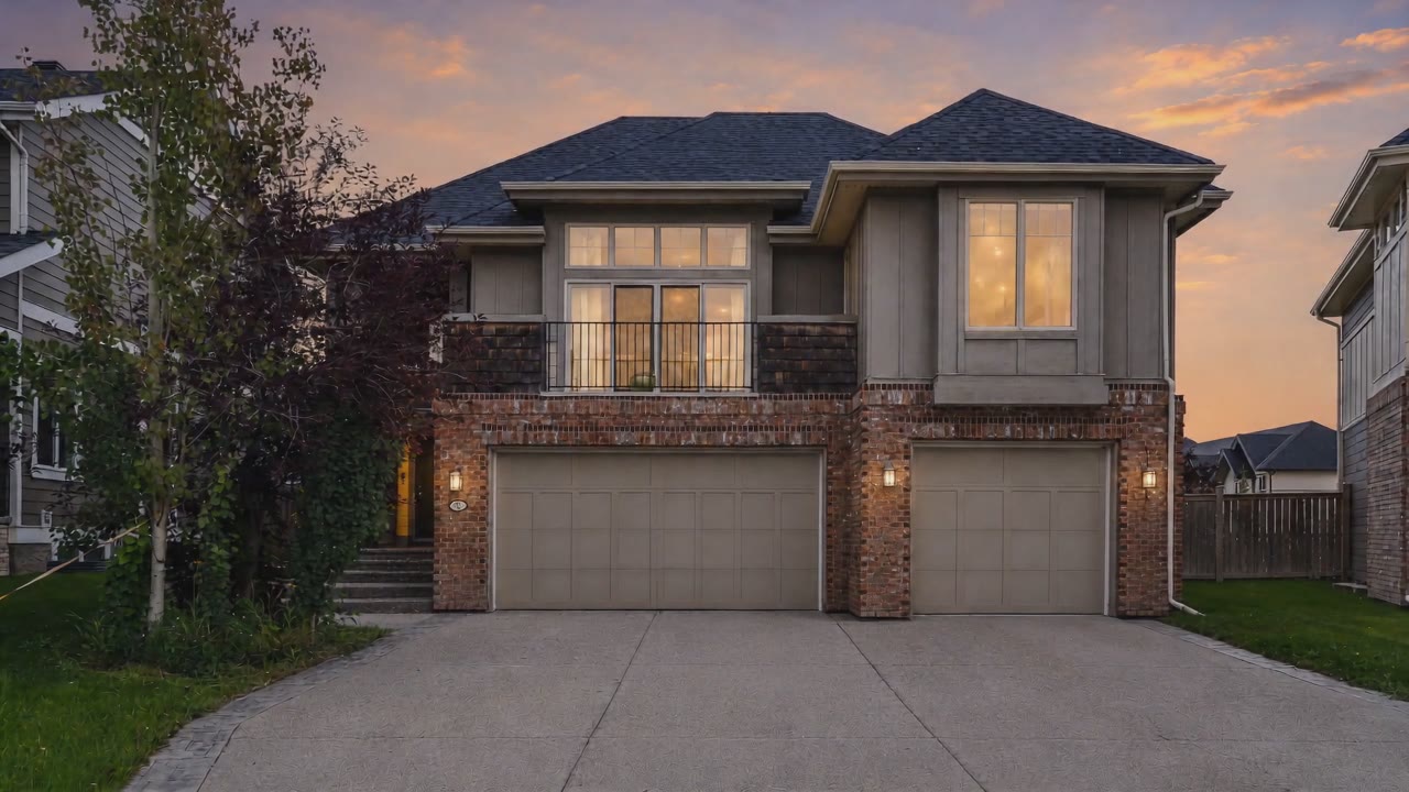 22 Wendham Place SW at dusk — warm light in the windows above the triple garage and red-brick base